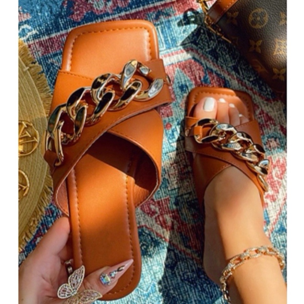 Chain Decor Tan Criss Cross Slide Sandals - Picture 1 of 5
